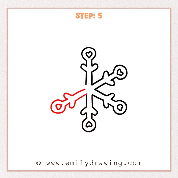 how to draw a cartoon snowflake - A cartoon snowflake with an added left arm, ending in a circle with a small inner detail and rounded side branches.